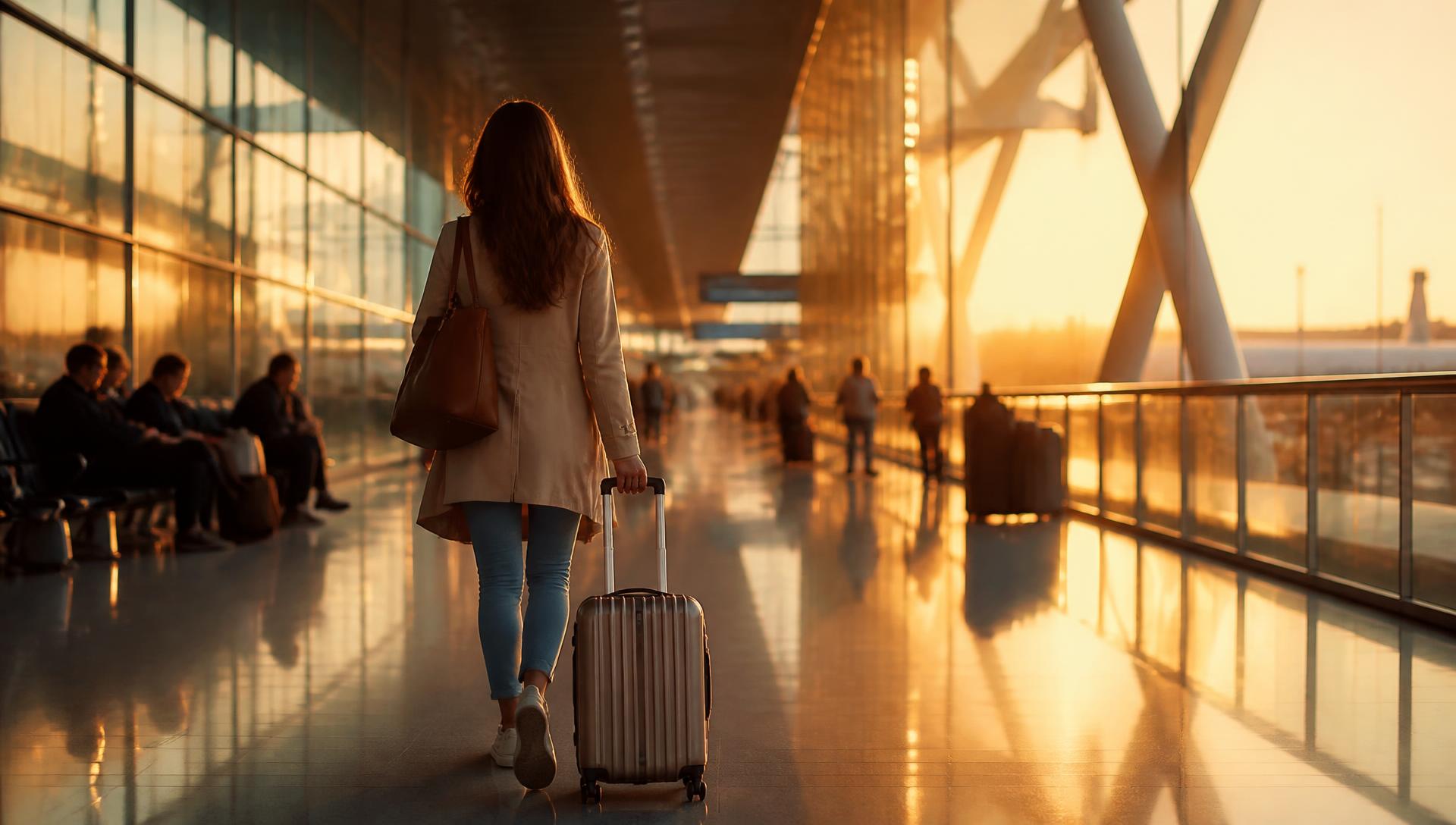 Traveller walking through a sunlit airport with a suitcase